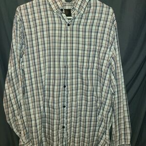 F/X Fysion Mens Navy/Brown Plaid Classic Button-Down Shirt Sz Large
